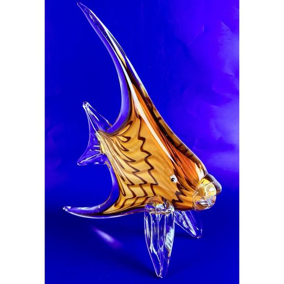 Murano Style Art Glass Sculpture Angel Fish 11” Tall Yellow Orange Tangerine - Picture 5 of 9
